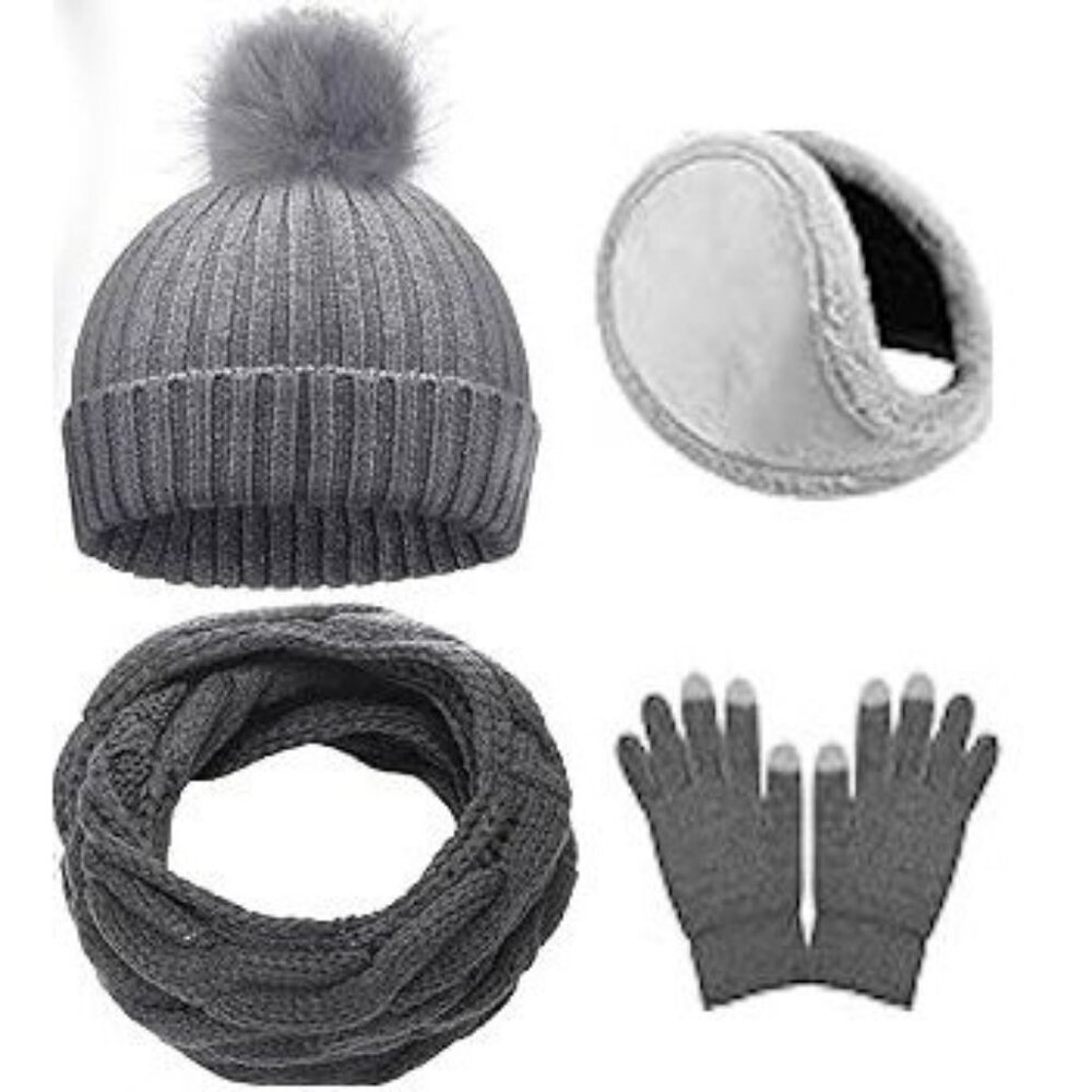 Womens 4 Piece Set Winter Knitted Beanie Hat Circle Scarf Gloves Earmuff Gray